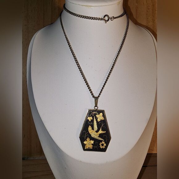 Damascene Gold Bird Design Necklace  Shape by Midas of Toledo Spain 24" - Picture 1 of 6